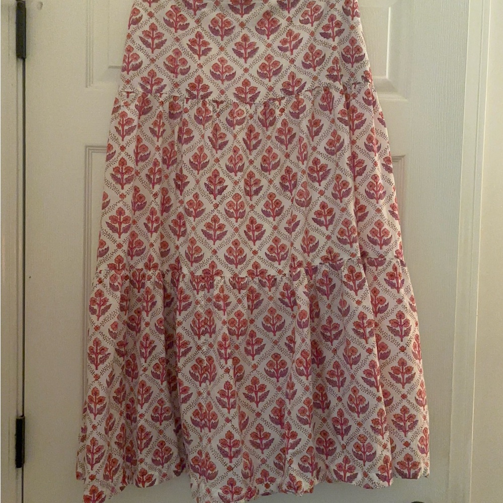 Women's A-Line Printed Midi Skirt - White with Red Floral Pattern